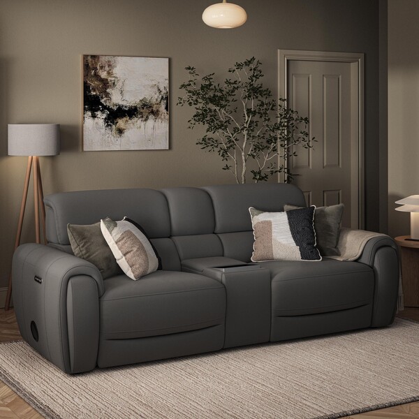Elephant Grey Leather Sofas - 3 Seater Recliner Sofa, Smart Screen & Speakers - Arabella Range - Oak Furnitureland