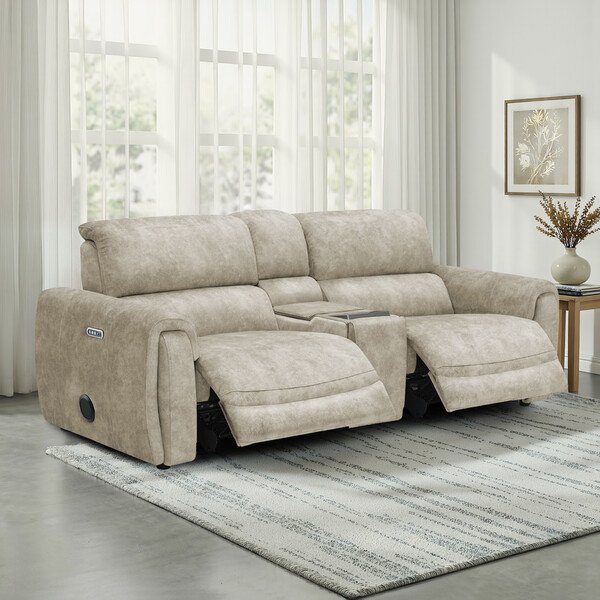 Marble Cream Fabric Sofas - 3 Seater Recliner Sofa, Smart Screen & Speakers - Arabella Range - Oak Furnitureland