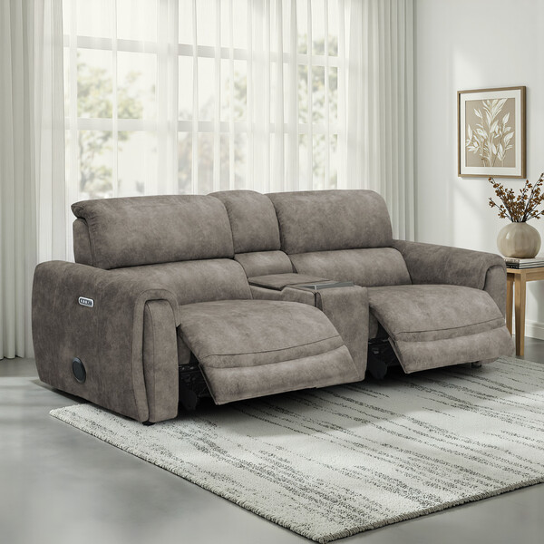 Marble Mink Fabric Sofas - 3 Seater Recliner Sofa, Smart Screen & Speakers - Arabella Range - Oak Furnitureland