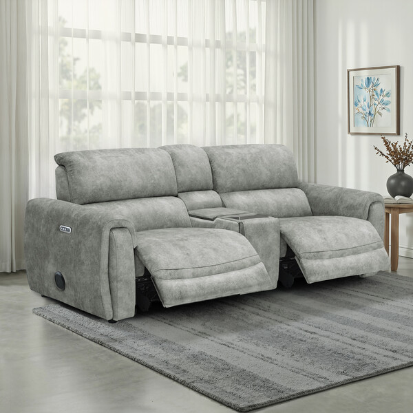 Marble Silver Fabric Sofas - 3 Seater Recliner Sofa, Smart Screen & Speakers - Arabella Range - Oak Furnitureland