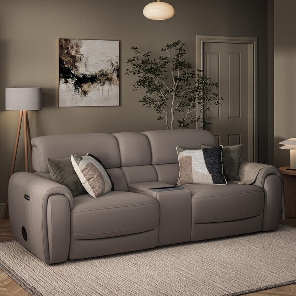 Oyster Leather Sofas - 3 Seater Recliner Sofa, Smart Screen & Speakers - Arabella Range - Oak Furnitureland
