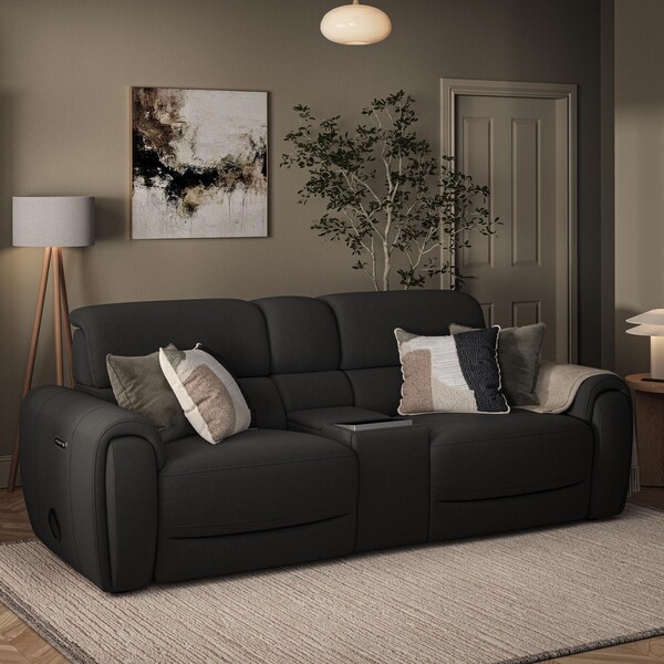 Storm Leather Sofas - 3 Seater Recliner Sofa, Smart Screen & Speakers - Arabella Range - Oak Furnitureland