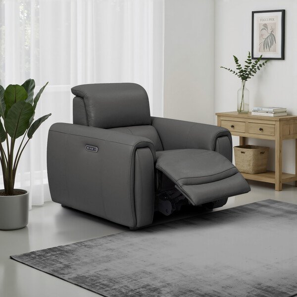 Elephant Grey Leather Sofas - Electric Recliner Armchair - Arabella Range - Oak Furnitureland