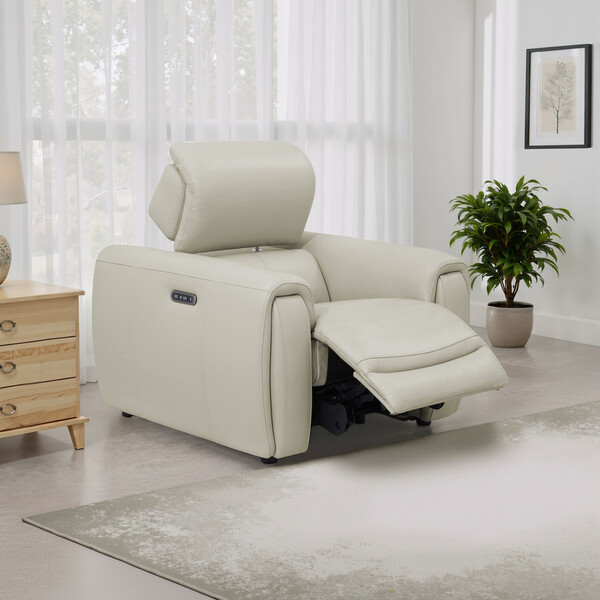 Bone China Leather Sofas - Electric Recliner Armchair with Power Headrest - Arabella Range - Oak Furnitureland