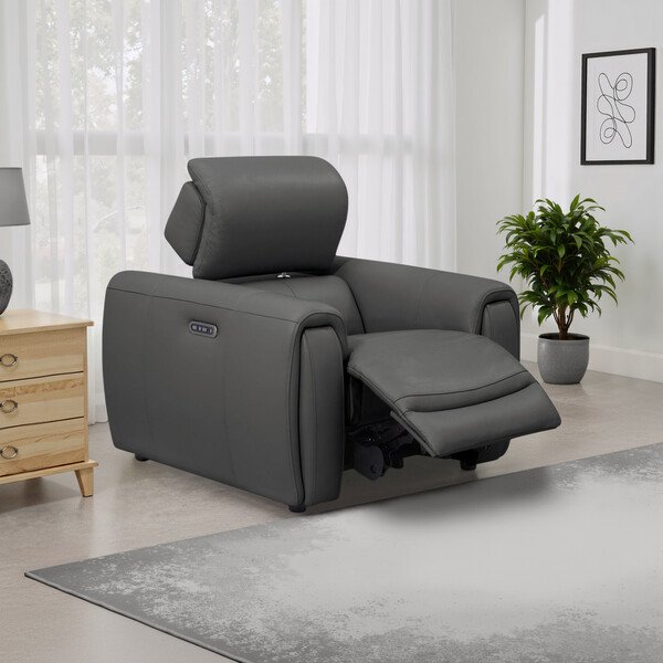 Elephant Grey Leather Sofas - Electric Recliner Armchair with Power Headrest - Arabella Range - Oak Furnitureland