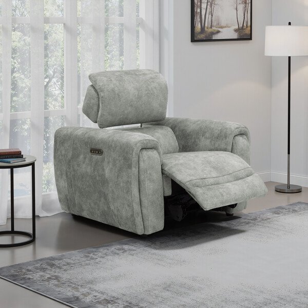 Marble Silver Fabric Sofas - Electric Recliner Armchair with Power Headrest - Arabella Range - Oak Furnitureland