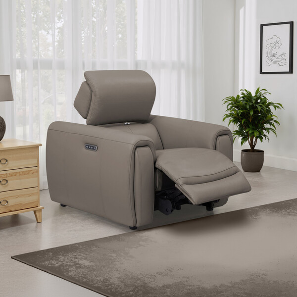 Oyster Leather Sofas - Electric Recliner Armchair with Power Headrest - Arabella Range - Oak Furnitureland