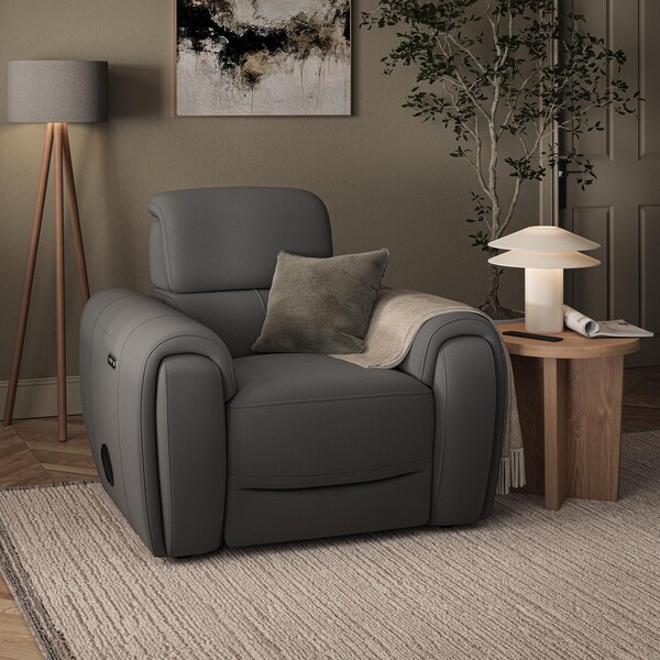 Elephant Grey Leather Sofas - Electric Recliner Armchair with Speakers - Arabella Range - Oak Furnitureland