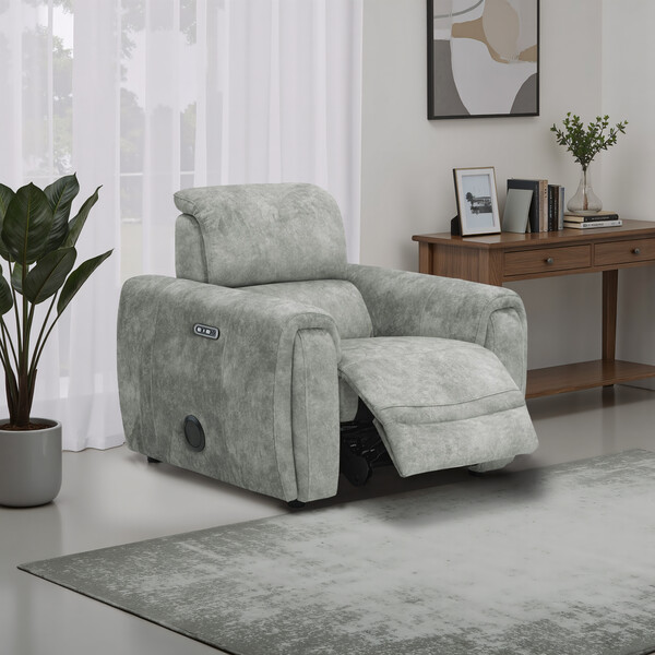 Marble Silver Fabric Sofas - Electric Recliner Armchair with Speakers - Arabella Range - Oak Furnitureland
