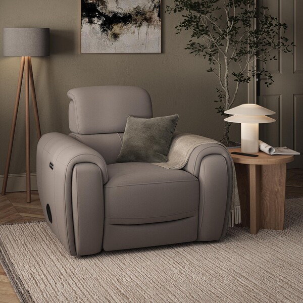 Oyster Leather Sofas - Electric Recliner Armchair with Speakers - Arabella Range - Oak Furnitureland