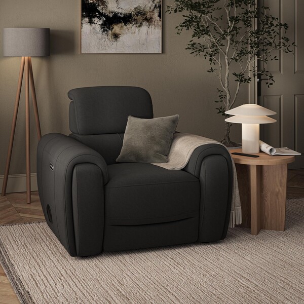 Storm Leather Sofas - Electric Recliner Armchair with Speakers - Arabella Range - Oak Furnitureland