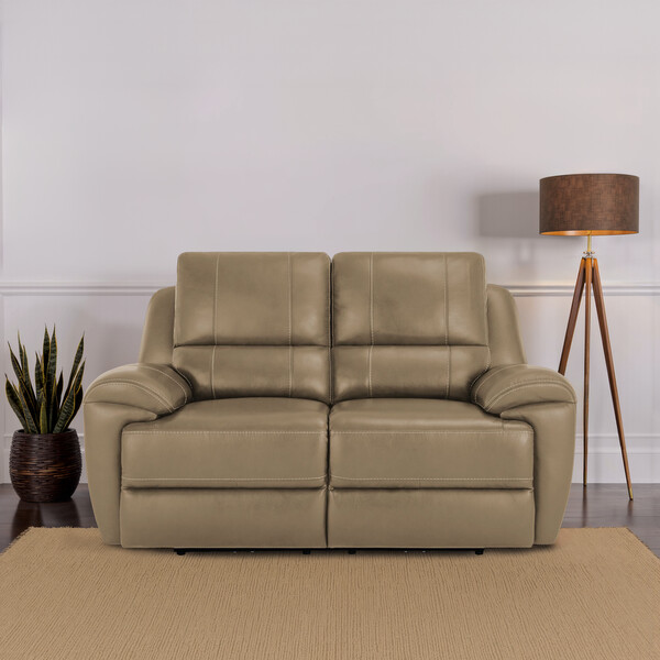 Beige Leather Sofas - 2 Seater Electric Recliner Sofa with Power Headrest - Austin Range - Oak Furnitureland