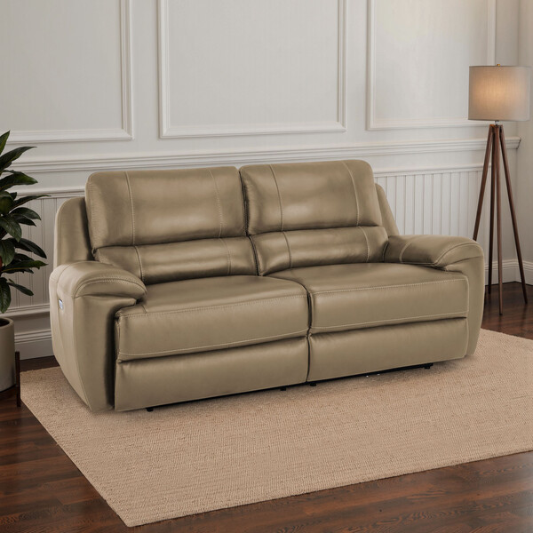 Beige Leather Sofas - 3 Seater Electric Recliner Sofa with Power Headrest - Austin Range - Oak Furnitureland