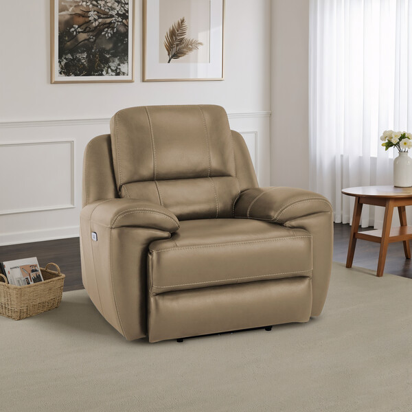 Beige Leather Sofas - Electric Recliner Armchair with Power Headrest - Austin Range - Oak Furnitureland