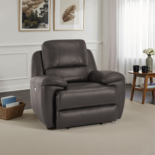 Dark Grey Leather Sofas - Electric Recliner Armchair with Power Headrest - Austin Range - Oak Furnitureland