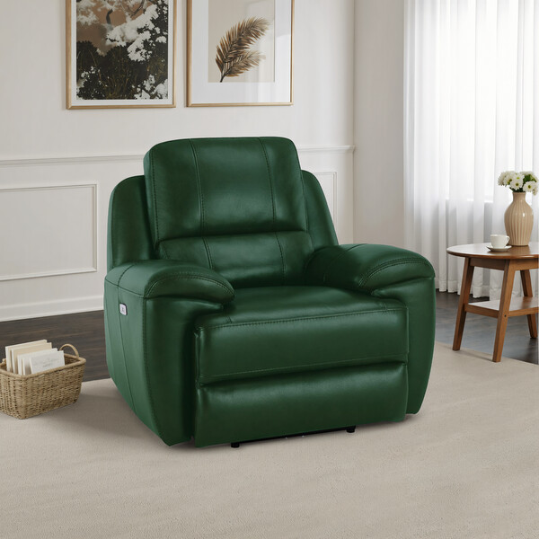 Green Leather Sofas - Electric Recliner Armchair with Power Headrest - Austin Range - Oak Furnitureland
