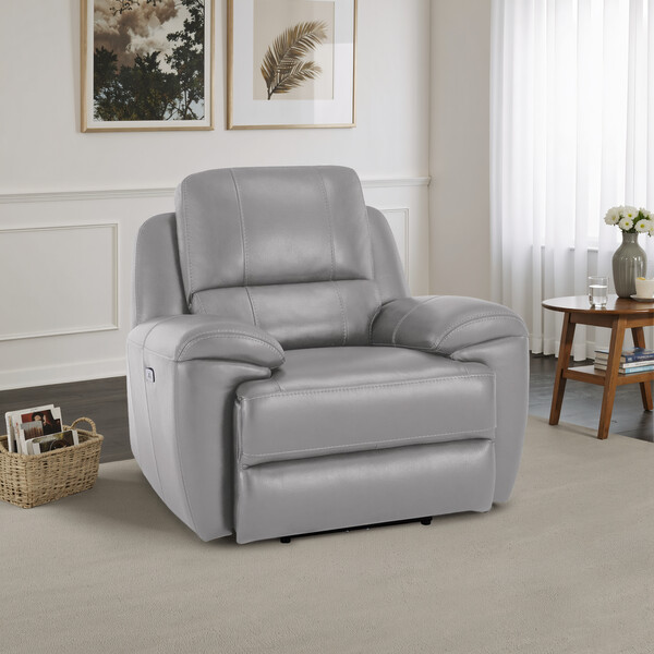 Light Grey Leather Sofas - Electric Recliner Armchair with Power Headrest - Austin Range - Oak Furnitureland
