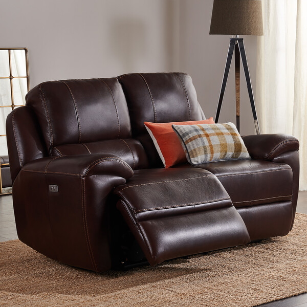 Two Tone Brown Leather Sofas - 2 Seater Electric Recliner Sofa with Power Headrest - Austin Range - Oak Furnitureland