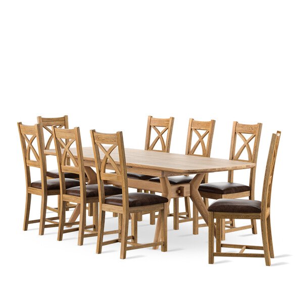 Bentley Natural Oak Extending Dining Table+ 8 Cross Back Chairs with Vintage Brown Seat Pads - Oak Furnitureland