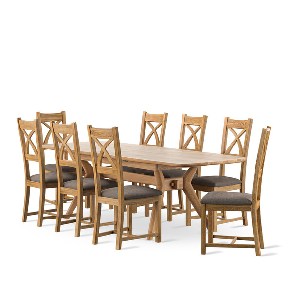 Bentley Natural Oak Extending Dining Table + 8 Cross Back Chairs with Plain Charcoal Seat Pads - Oak Furnitureland