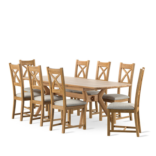 Bentley Natural Oak Extending Dining Table + 8 Cross Back Chairs with Plain Grey Seat Pads - Oak Furnitureland