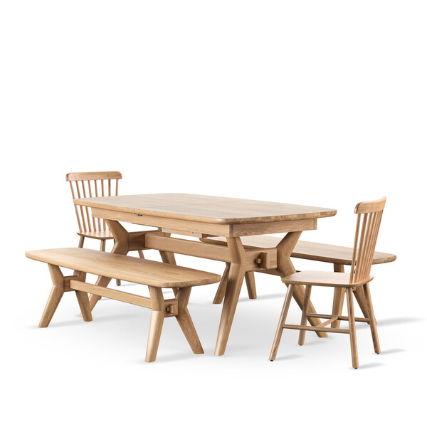 Bentley Natural Oak Extending Dining Table And 2 Kingham Chairs and 2 Bentley Benches - Oak Furnitureland