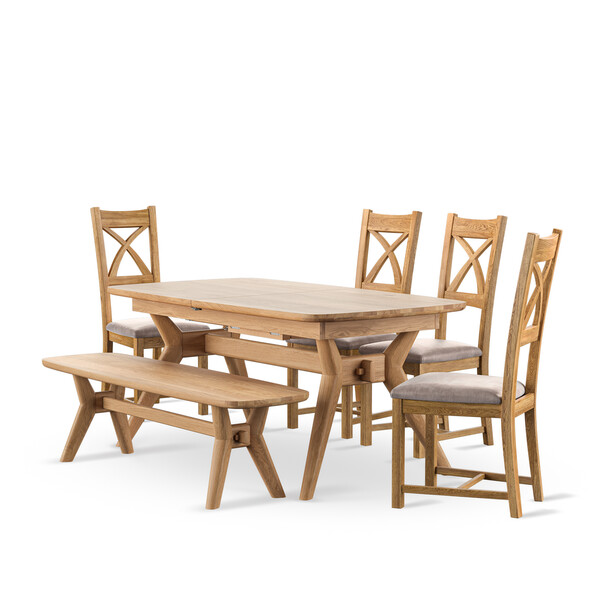 Bentley Natural Oak Extending Dining Table And 4 Cross Back Chairs with Heritage Mink Seat Pads and 1 Bentley Bench - Oak Furnitureland