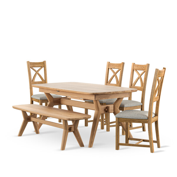 Bentley Natural Oak Extending Dining Table And 4 Cross Back Chairs with Plain Grey Fabric Seat pads and 1 Bentley Bench - Oak Furnitureland