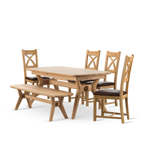 Bentley Natural Oak Extending Dining Table And 4 Cross Back Chairs with Vintage Brown Seat Pads and 1 Bentley Bench - Oak Furnitureland