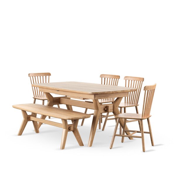 Bentley Natural Oak Extending Dining Table And 4 Kingham Chairs and 1 Bentley Bench - Oak Furnitureland