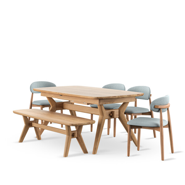 Bentley Natural Oak Extending Dining Table And 4 Otis Chairs and 1 Bentley Bench - Oak Furnitureland