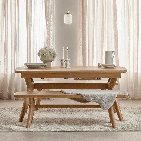 Bentley Natural Solid Oak Extending Dining Table + 2 Bentley Natural Oak Benches - Oak Furnitureland