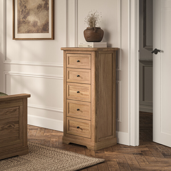 Natural Solid Oak Chest of Drawers - 5 Drawer Tallboy - Brennan Range - Oak Furnitureland