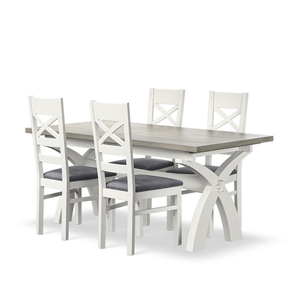 Brompton Painted Acacia and Ash Top Extending Dining Table + 4 Brompton Painted Acacia Dining Chairs with Dappled Silver Fabric Seat Pads - Oak Furnitureland