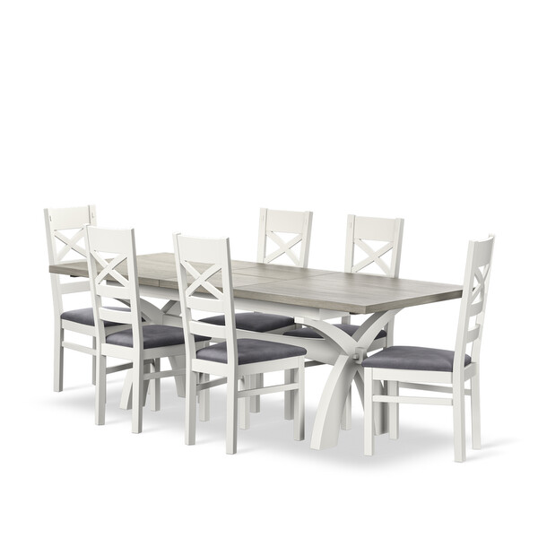 Brompton Painted Acacia and Ash Top Extending Dining Table + 6 Brompton Painted Acacia Dining Chairs with Dappled Silver Fabric Seat Pads - Oak Furnitureland