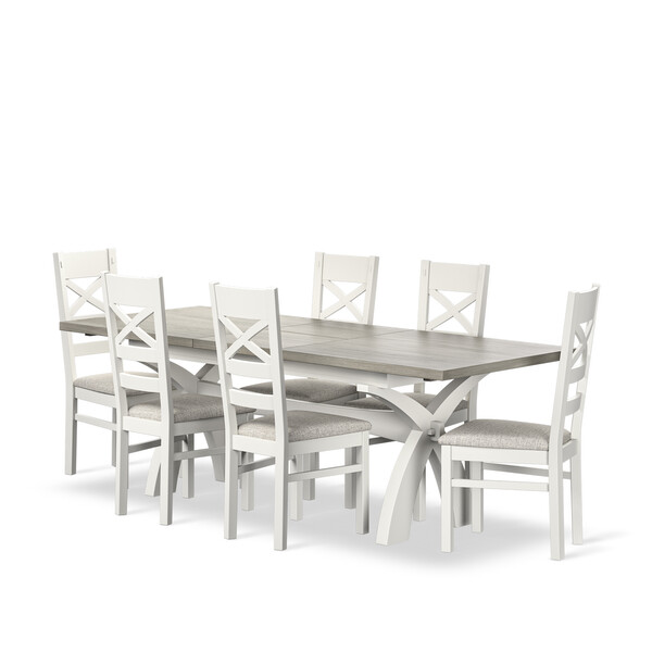 Brompton Painted Acacia and Ash Top Extending Dining Table + 6 Brompton Painted Acacia Dining Chairs with Plain Grey Fabric Seat Pads - Oak Furnitureland