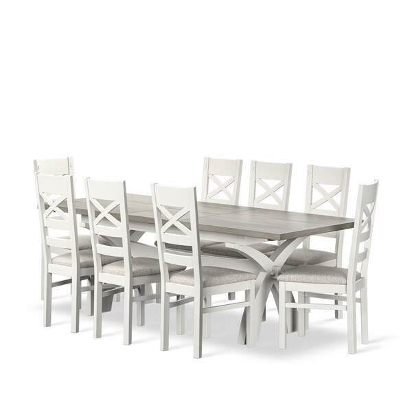 Brompton Painted Acacia and Ash Top Extending Dining Table + 8 Brompton Painted Acacia Dining Chairs with Plain Grey Fabric Seat Pads - Oak Furnitureland