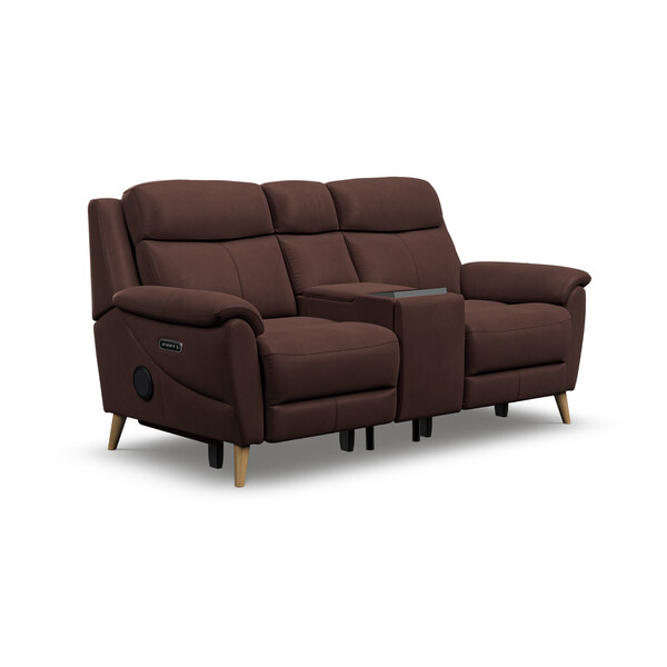 Chestnut Leather Sofas - 2 Seater Recliner Sofa, Smart Screen & Speakers - Brunel Range - Oak Furnitureland