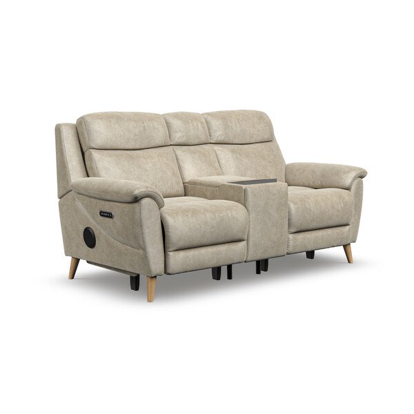 Marble Cream Fabric Sofas - 2 Seater Recliner Sofa, Smart Screen & Speakers - Brunel Range - Oak Furnitureland