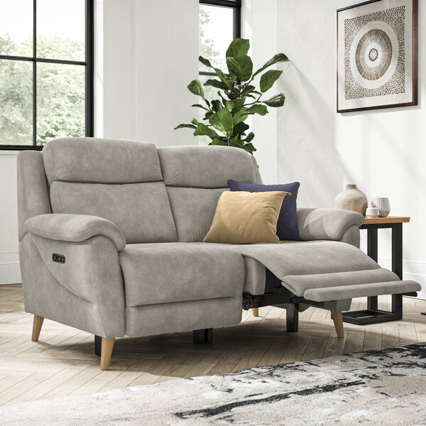 Dexter Stone Fabric Sofas - 2 Seater Recliner Sofa with Power Headrest & Lumbar Support - Brunel Range - Oak Furnitureland