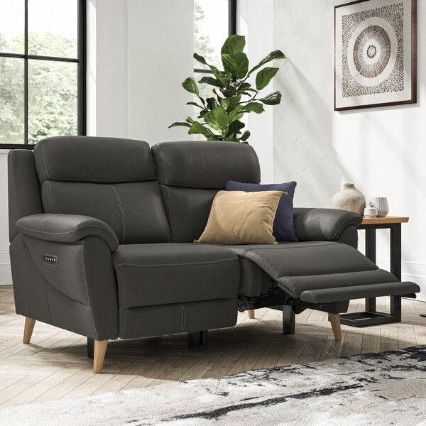 Storm Leather Sofas - 2 Seater Recliner Sofa with Power Headrest & Lumbar Support - Brunel Range - Oak Furnitureland