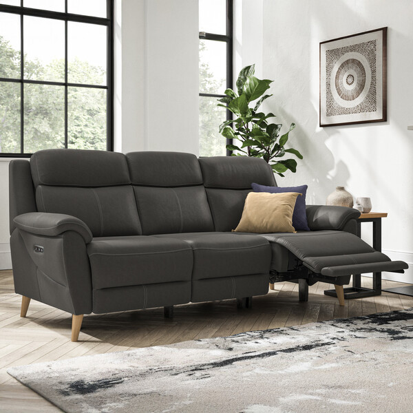 Storm Leather Sofas - 3 Seater Recliner Sofa - Brunel Range - Oak Furnitureland