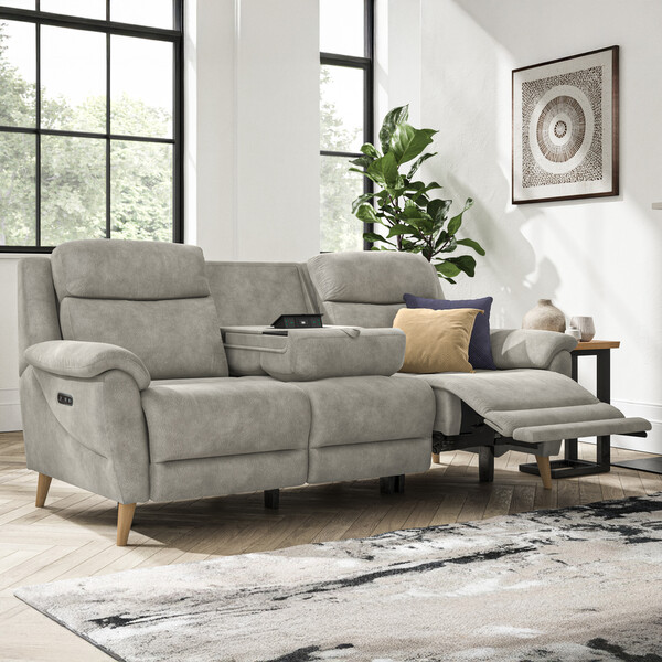 Dexter Stone Fabric Sofas - 3 Seater Recliner Sofa with Multifunctional Middle Seat - Brunel Range - Oak Furnitureland