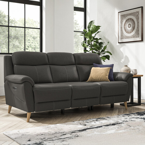 Storm Leather Sofas - 3 Seater Recliner Sofa with Multifunctional Middle Seat - Brunel Range - Oak Furnitureland