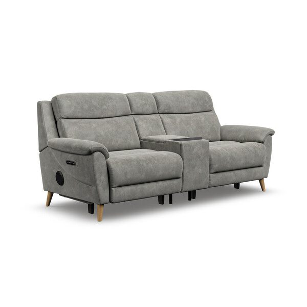Dexter Stone Fabric Sofas - 2.5 Seater Recliner Sofa, Smart Screen & Speakers - Brunel Range - Oak Furnitureland