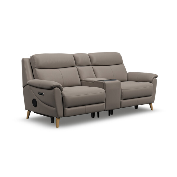 Oyster Leather Sofas - 2.5 Seater Recliner Sofa, Smart Screen & Speakers - Brunel Range - Oak Furnitureland