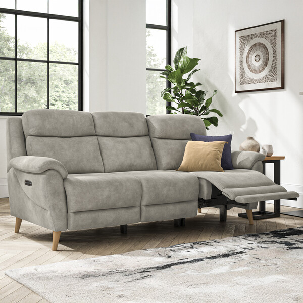 Dexter Stone Fabric Sofas - 3 Seater Recliner Sofa with Power Headrest & Lumbar Support - Brunel Range - Oak Furnitureland
