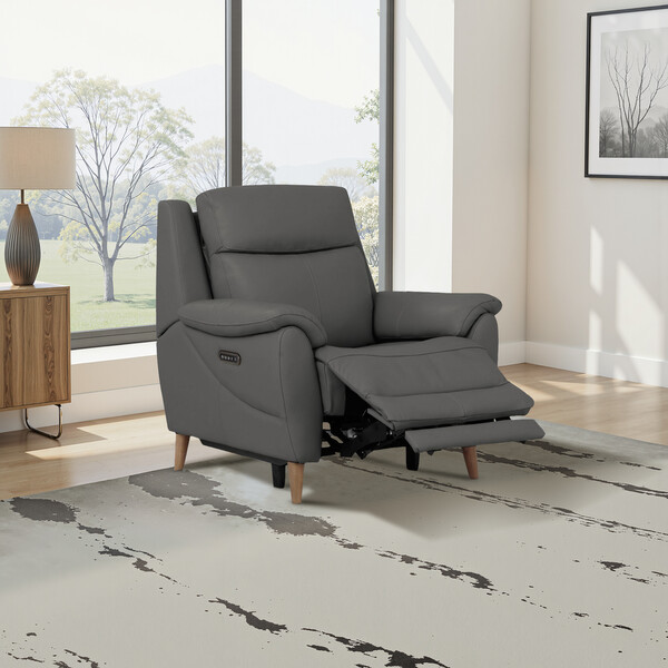Elephant Grey Leather Sofas - Electric Recliner Armchair - Brunel Range - Oak Furnitureland