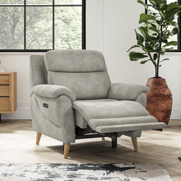 Dexter Stone Fabric Sofas - Recliner Armchair with Power Headrest and Lumbar Support - Brunel Range - Oak Furnitureland