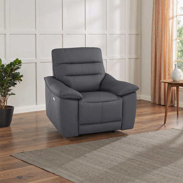 Dark Grey Leather Sofas - Electric Recliner Armchair - Carter Range - Oak Furnitureland